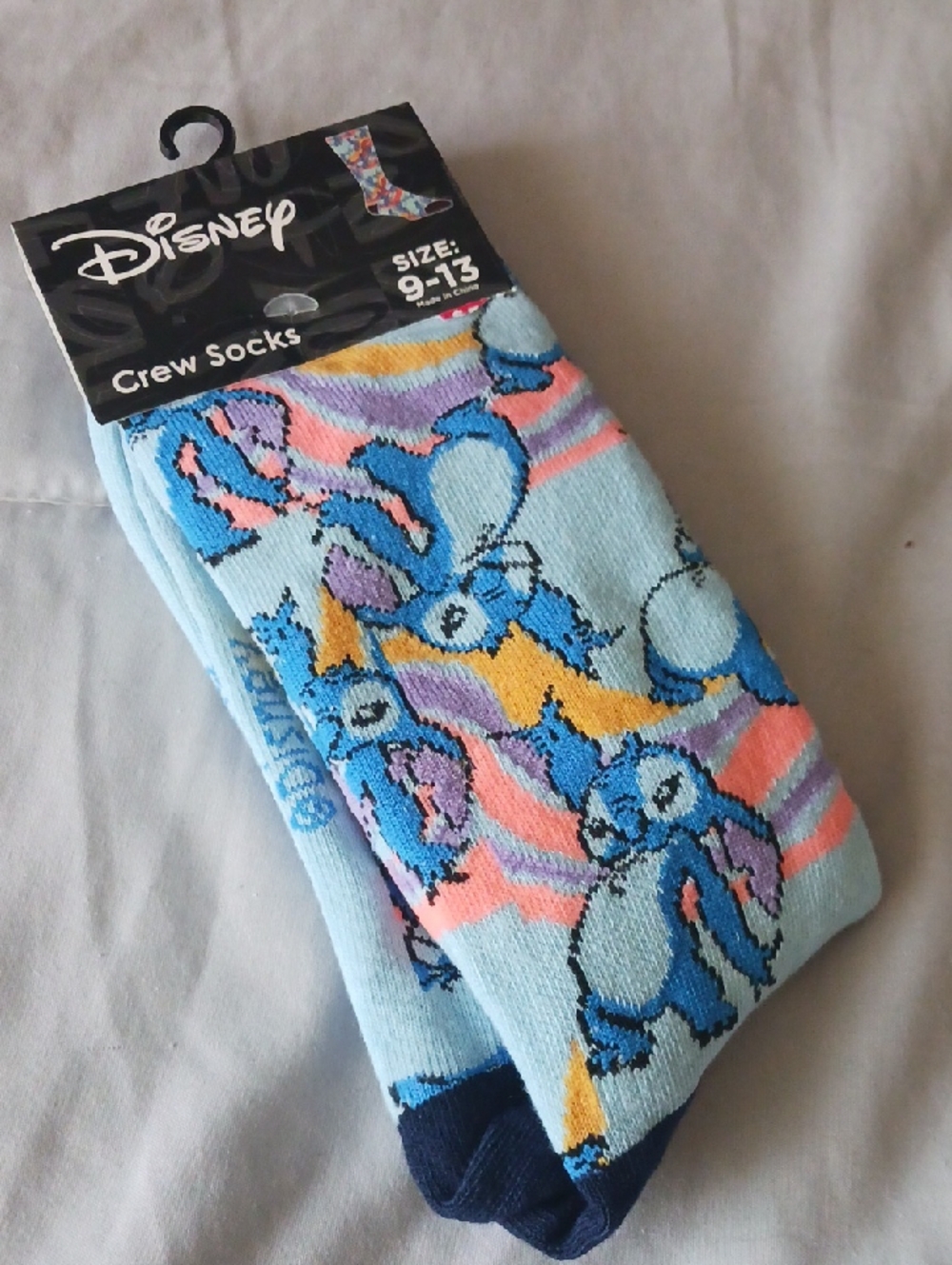 Disney Light Blue Stitch Crew Socks with Pastel Accents